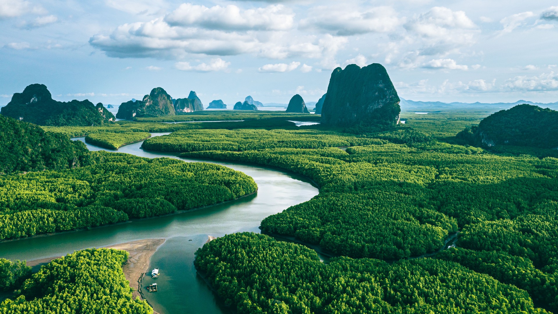 Aerial view of river in the green mangroves forest tand and limestone hill in Phang nga bay, Thailand.